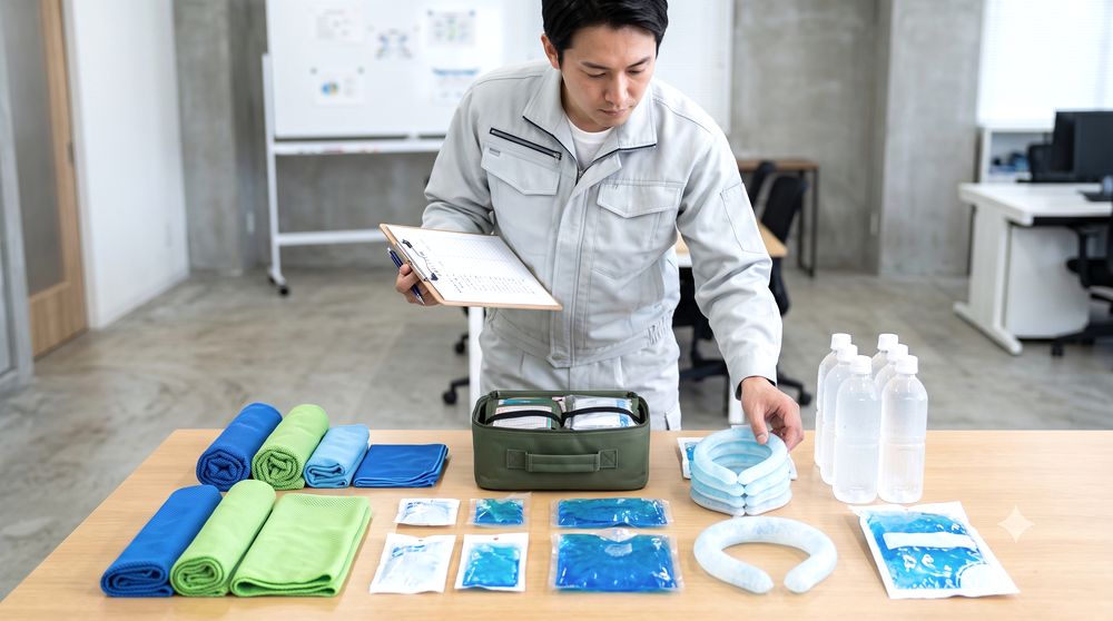 首や脇を冷やすための冷却用品を準備するイメージ