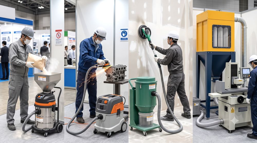 粉体投入・研磨サンディング・産業機械接続など作業別に集塵機を比較した工場の様子