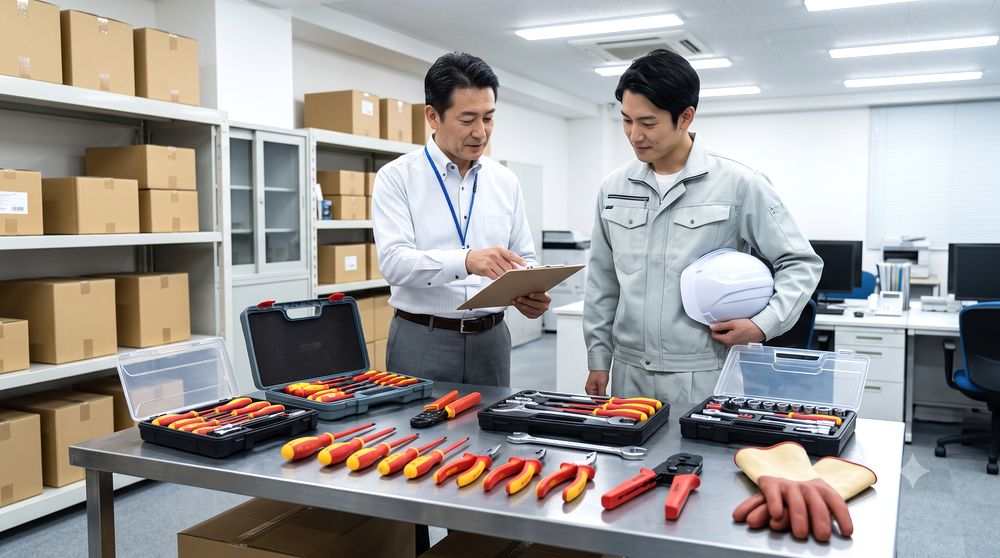 法人担当者が絶縁工具の備品リストを確認するイメージ