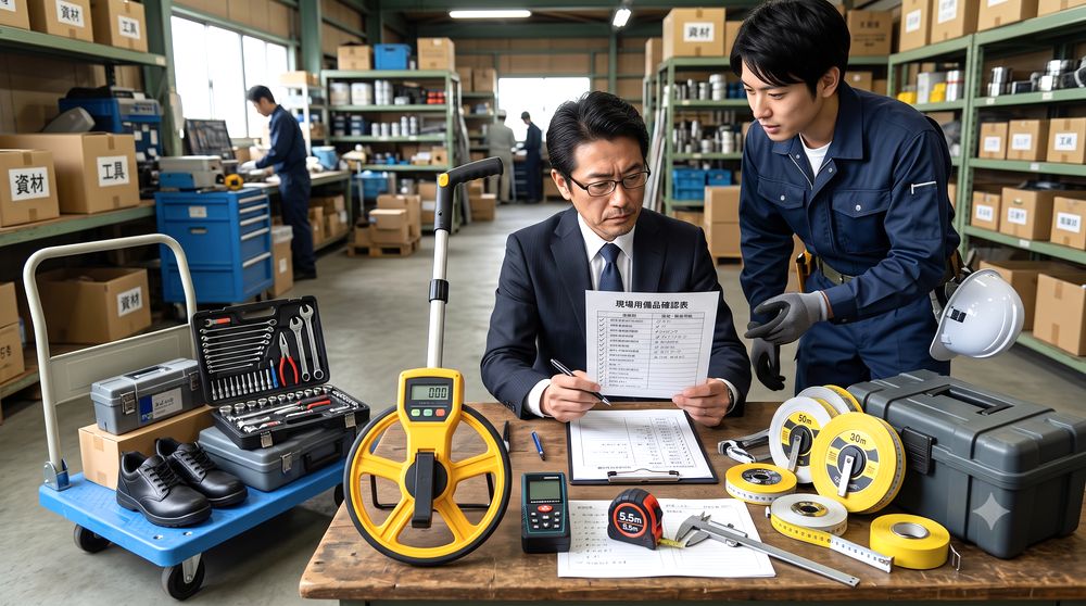 法人担当者が現場用メジャーと関連用品を確認するイメージ