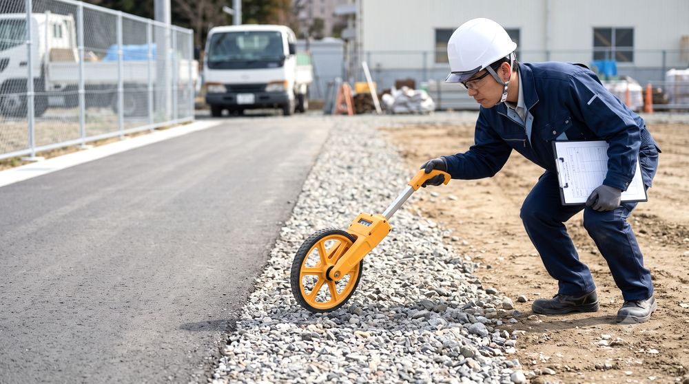 舗装路・砂利・土の路面で車輪式メジャーを比較するイメージ