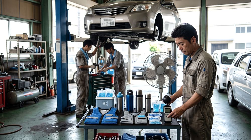 自動車整備工場で整備士の熱中症対策用品を確認するイメージ