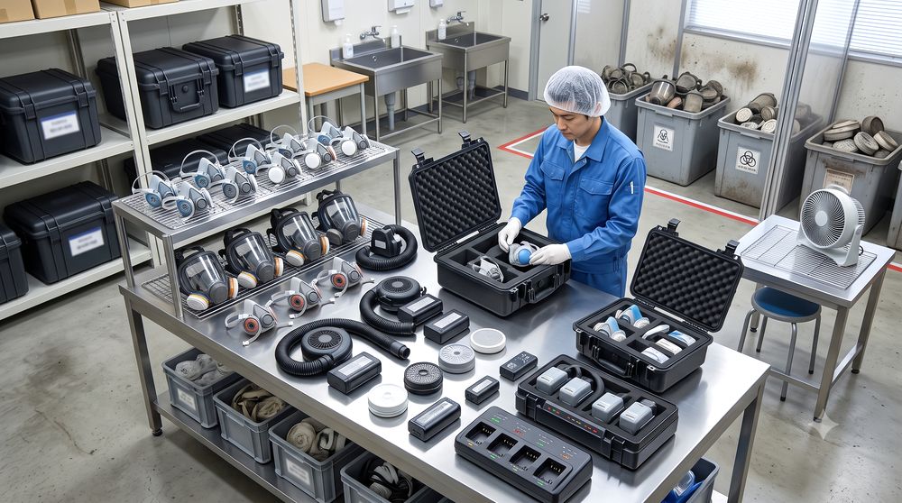 使用後の呼吸用保護具を清掃・乾燥し、清潔品と使用済み品を分けてケースに保管する様子