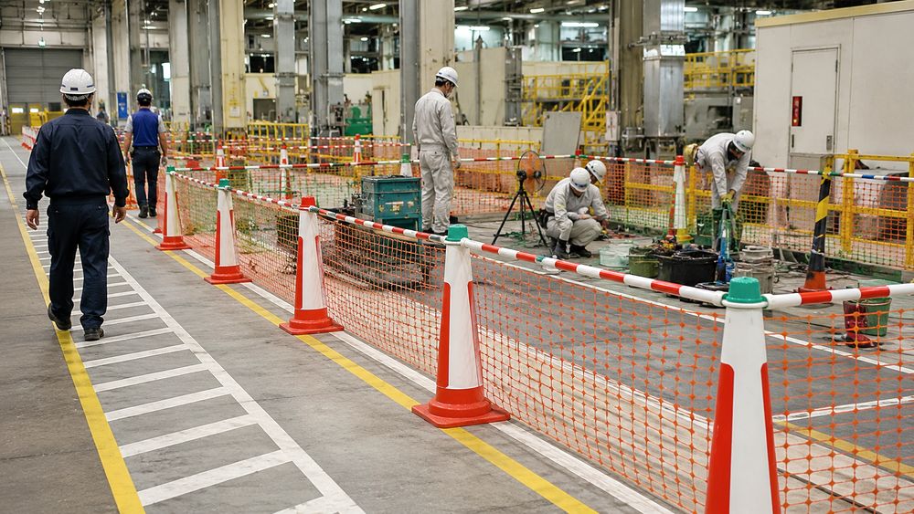 立入禁止や作業中エリアをコーンと安全フェンスで区画するイメージ