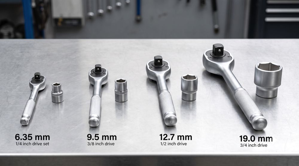 差込角6.35mm・9.5mm・12.7mm・19.0mmのソケットとハンドルの駆動部を並べて大きさを比較した図