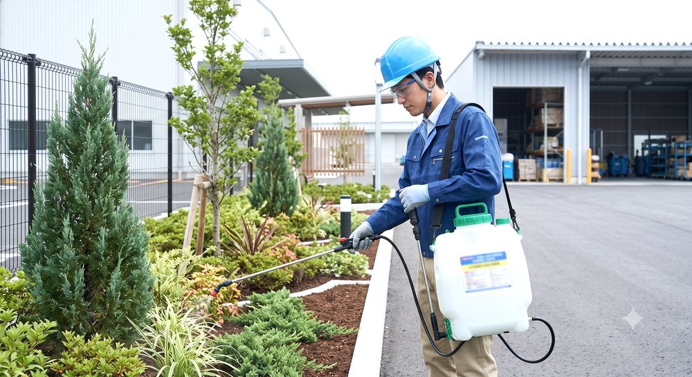 施設外周で噴霧器を準備するイメージ